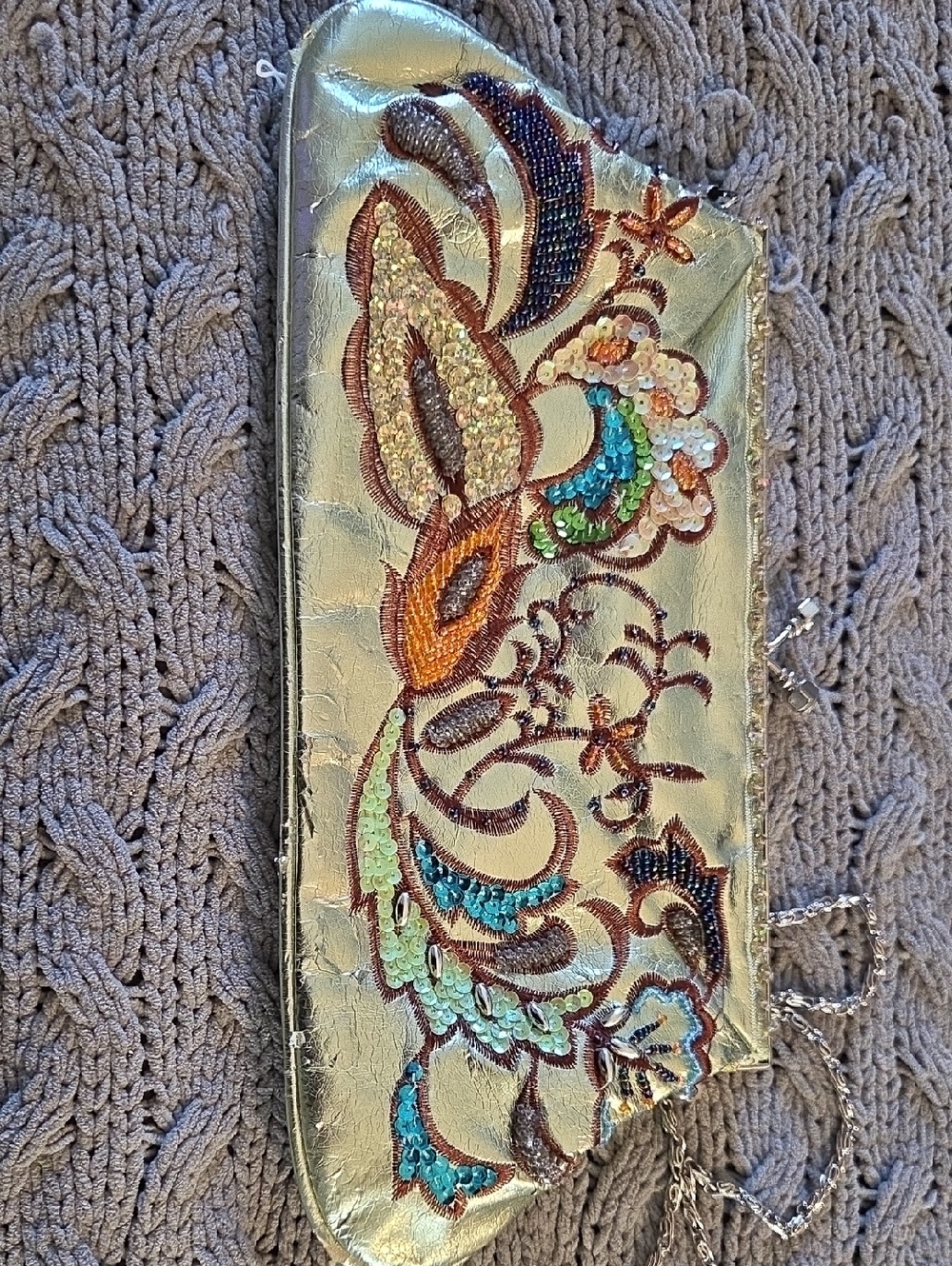 Embellished Metallic Sequin Evening Clutch - Gold with Multicolor Embroidery